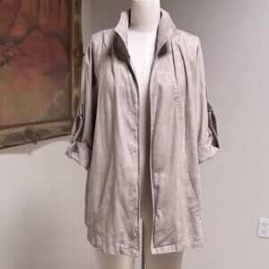 Linen Blend Utility Jacket Subtle Leopard Coastal Grandmother Taupe 1X Linear